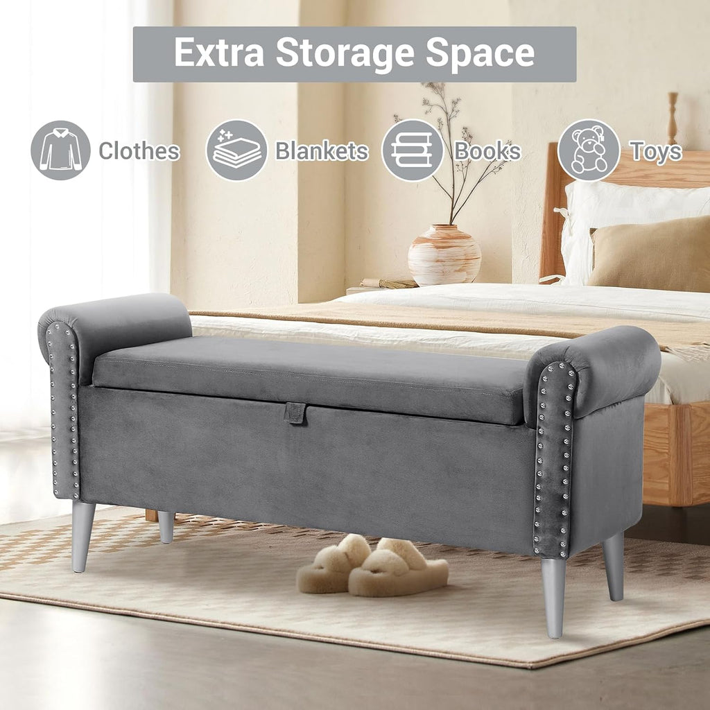 Storage Bench - Grey Velvet Bench with Storage 47" | Featuring Rolled Arms Decorative Nailhead Trim Safety Hinge