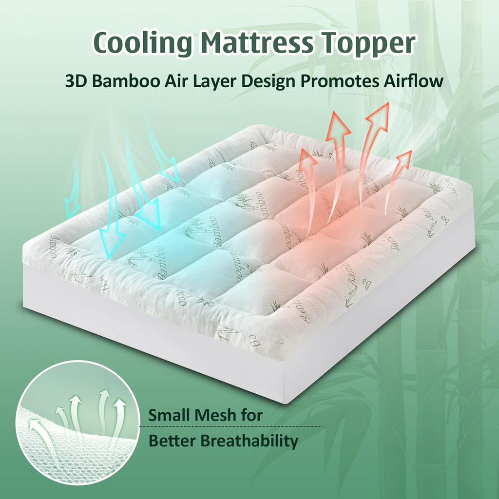 3 Inch Queen Mattress Topper, Breathable Bamboo Viscose Air Layer | Cooling Memory Foam Mattress Topper for Back Pain