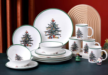 16 Piece Christmas Dinnerware Sets with Green Edge, Christmas Tree Porcelain Dinnerware Set for Xmas (4 * 10.5 Inch