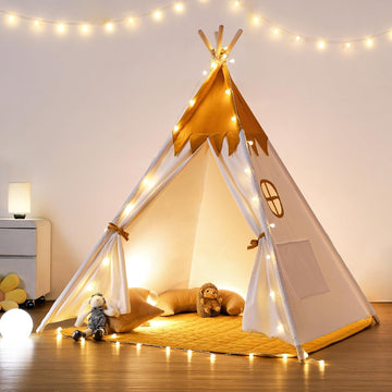 Toddler Teepee With Padded Mat and Lights - Kids Indoor Play Tent, Large Canvas Cotton Tipee for Children