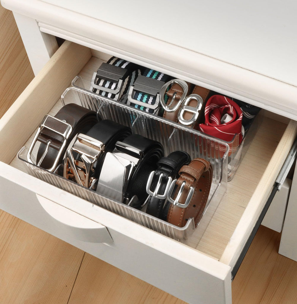 Acrylic Belt Organizer - 2 Pack with Adjustable 4 Compartments & Stackable Design, Clear Storage for Closet and