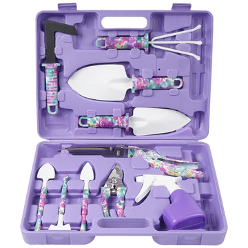 Gardening Tools, 10 Pieces Garden Tools with Floral Print, Ergonomic Handle Trowel Rake Weeder Pruner Shears