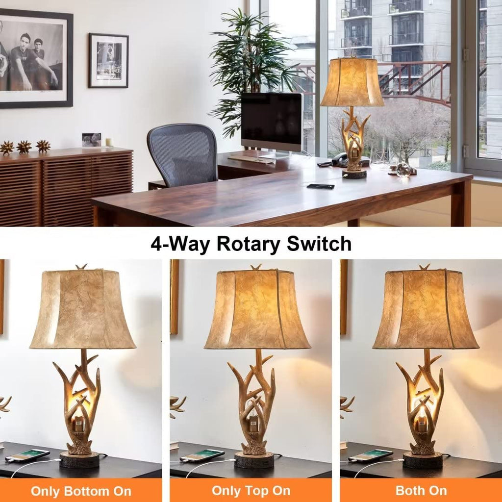 26" Rustic Antler Table Lamps Set of 2 with 2 USB Ports