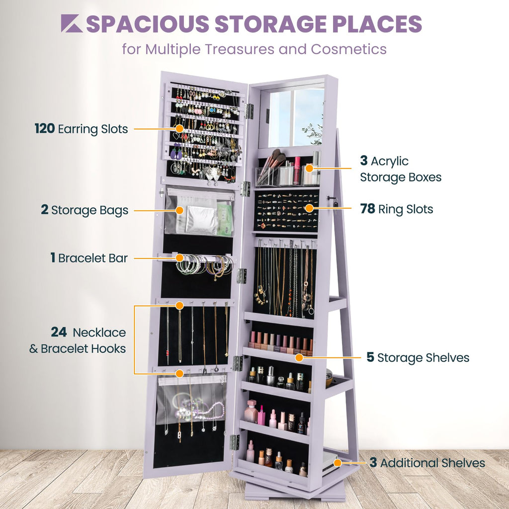 360 Rotating Jewelry Armoire Cabinet, Standing Jewelry Organizer w/Full-Length Mirror & Large Storage Space, Lockable