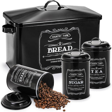 Metal Bread Box with 3 Kitchen Canisters Set, Large Black Farmhouse Bread Tin Countertop, Coffee Tea Sugar Canister - Set of 4