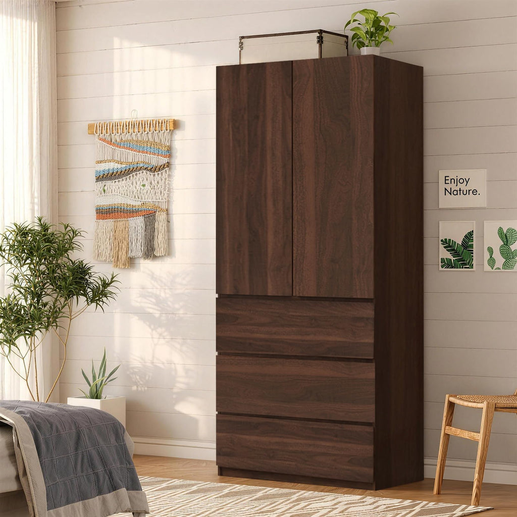 2 Piece Walnut Full Wall Wardrobe Closet with 6 Drawer & Hanging Rod