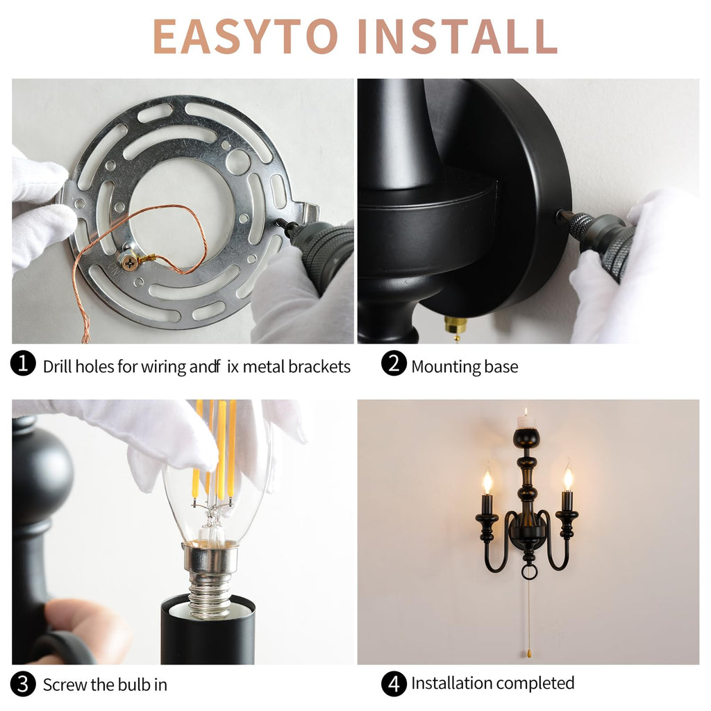 Matte Black Iron Double-Arm Wall Sconce, Retro Farmhouse Hardwired Lamp with Scented Candle Tray & Pull Switch Decor