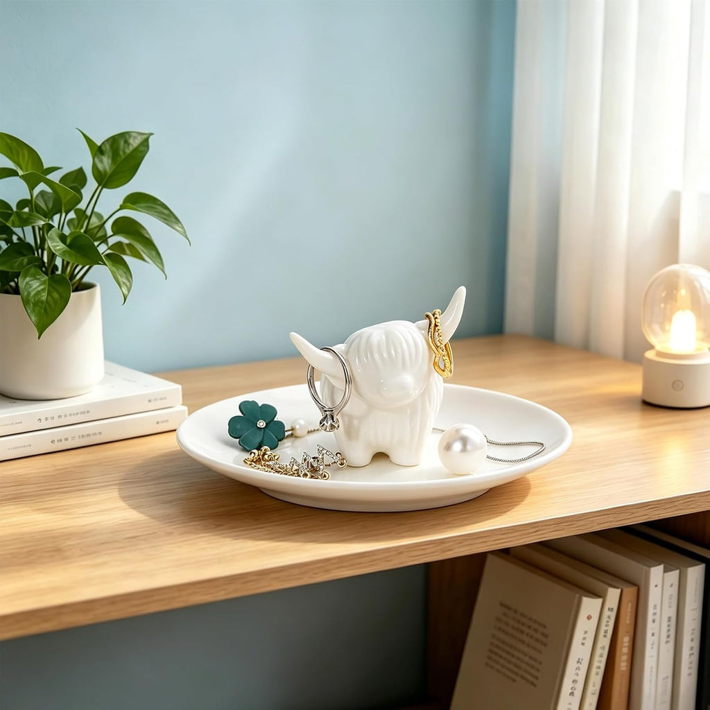 Highland Cow Ring Holder Jewelry Dish Tray, Ceramic Decor Gifts for Women
