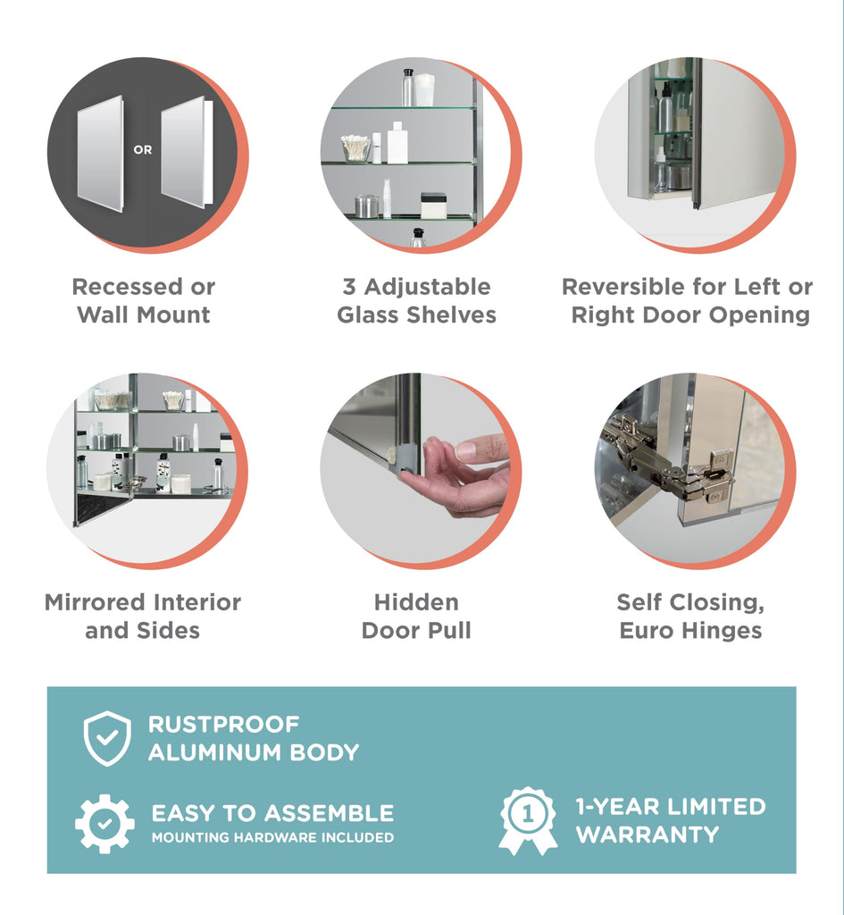 Bathroom Medicine Cabinet with Mirror, Frameless Bathroom Wall Cabinet with Rustproof Aluminum Body, 3 Adjustable