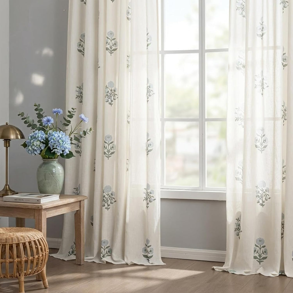 Floral Pinch Pleated Linen Curtains 96 Inch Long 2 Panel Set, Blue Green Grand Millenial Coastal Farmhouse Light