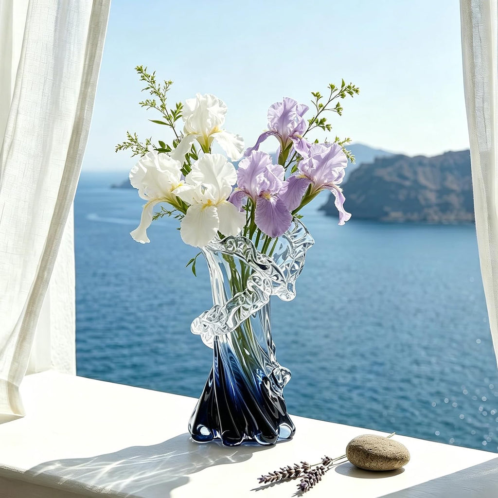 Blue White Clear Wave Vases Gradient, Murano Hand Blown Glass Vase Unique Art Decorative, for Ocean Themed Coastal