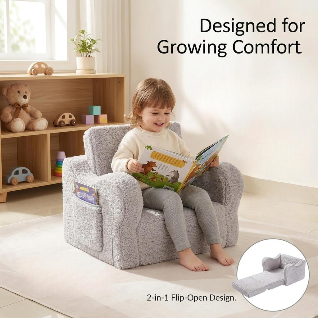 Kids Sofa Chair, in-1 Foldable Couch, Sherpa, Grey