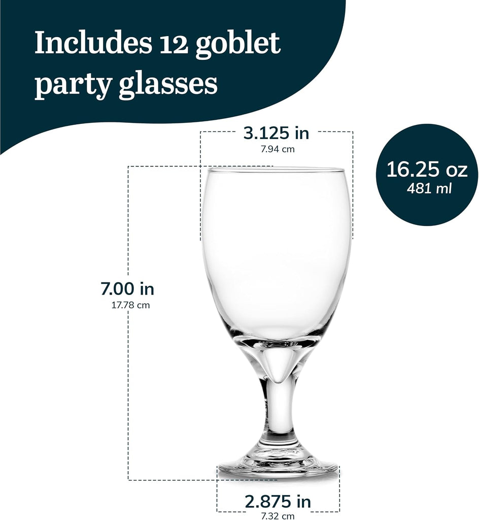 Classic Glass Goblets Set Of 12, Dishwasher Safe 16.25 Oz Drinking Goblets for Tea, Sangria and More, Ideal Stemmed