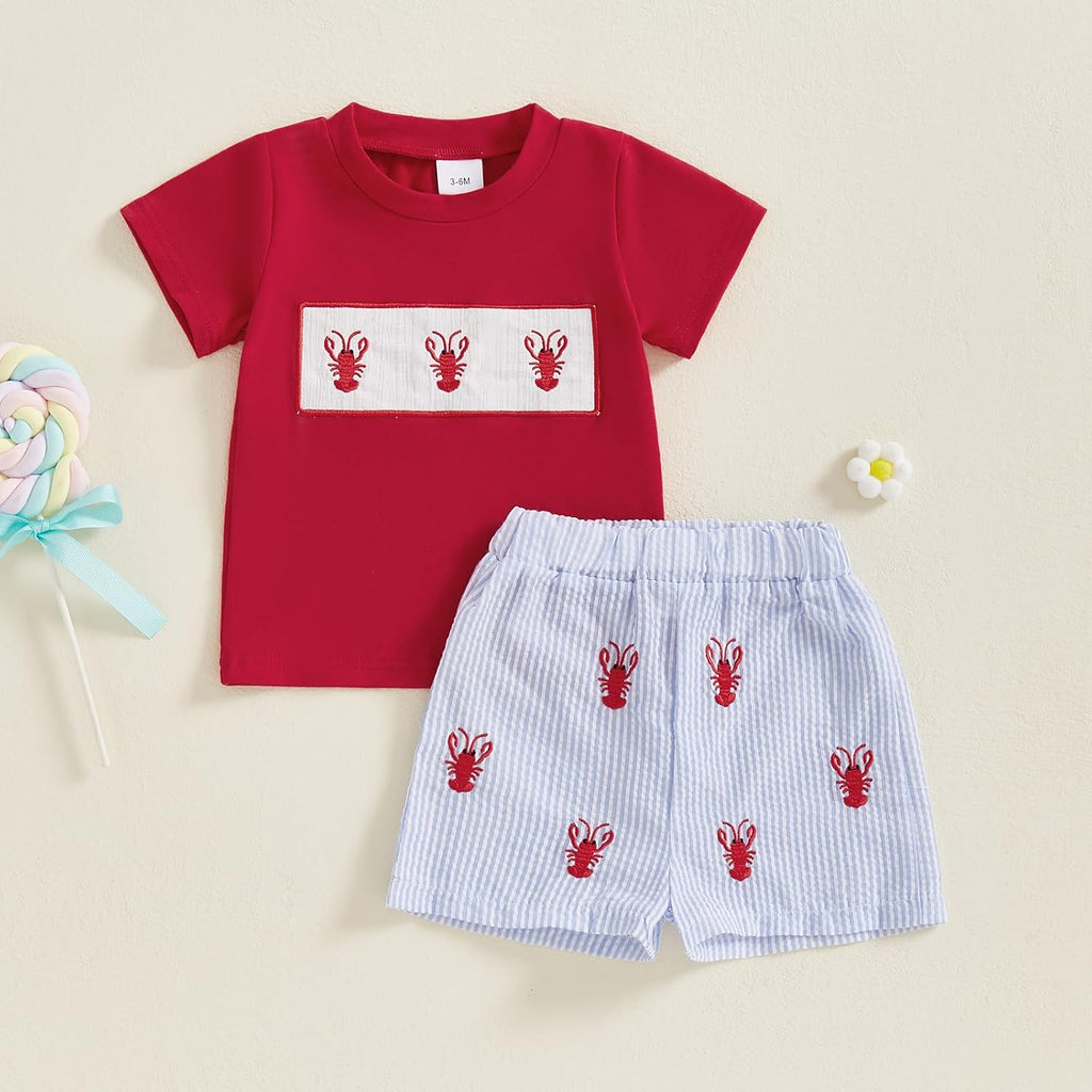 Toddler Baby Boy Summer Clothes Cute Crawfish Outfit Lobster Short Sleeve T-shirt Tops & Stripes/Gingham Shorts Set