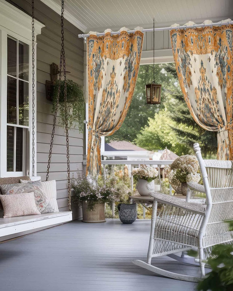 Outdoor Curtains Waterproof, Vintage Boho Floral Vintage Ethnic Distress Traditional Style Grommet Weatherproof