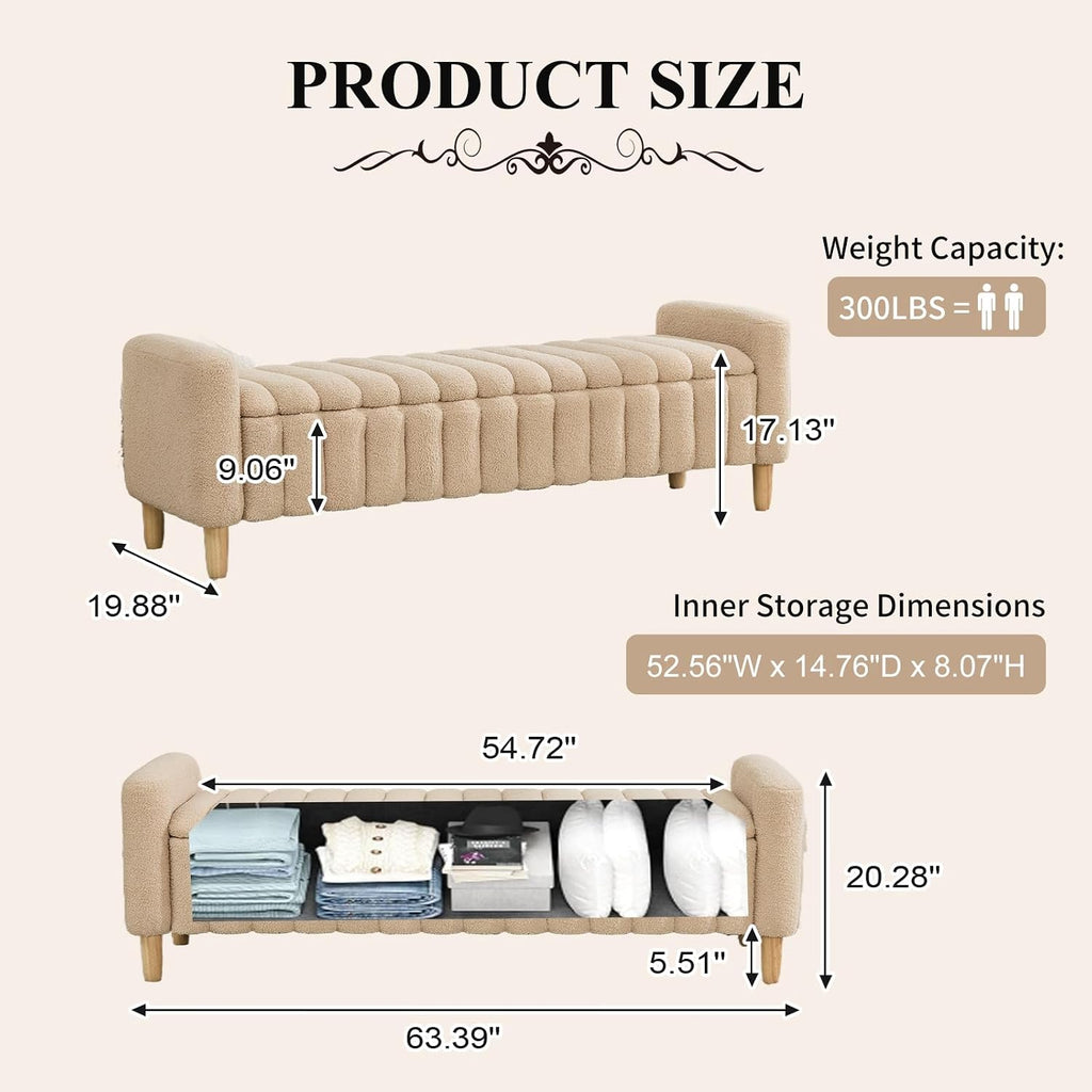 63.5" Oversize Storage Ottoman Bench, Teddy Upholstered End of Bed Bench with Wave Channel Tufted Flip-Top, Modern