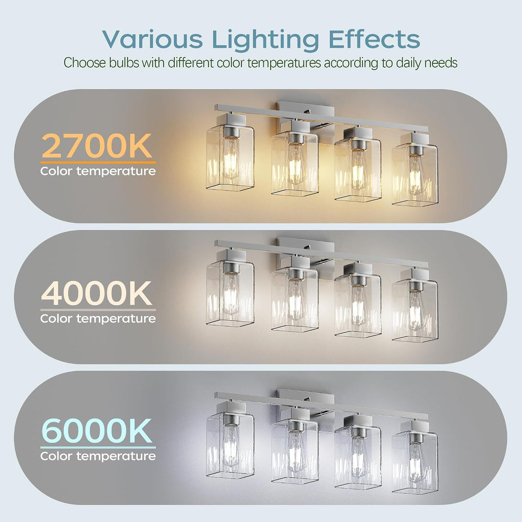 4-Light Bathroom Light Fixtures, Brushed Nickel Modern Vanity Lights, Bathroom Lighting Fixtures Over Mirror, Square