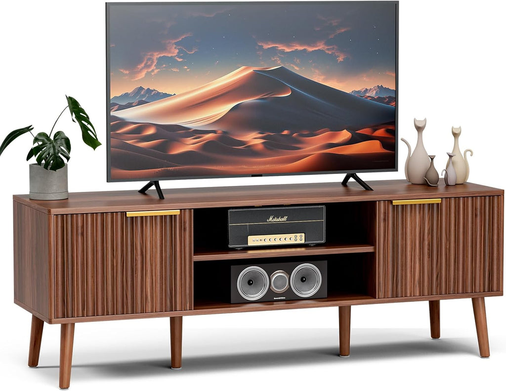 TV Stand with Fluted Doors for TVs up to 65", Mid-Century, Walnut | 54.3"W 15.3"D 19.6"H, 150 lbs capacity, 2 fluted