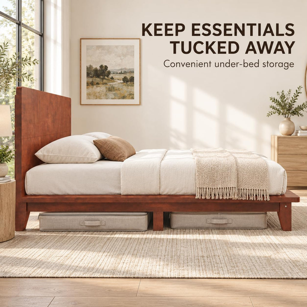 Japanese Wooden Bed Frame with Brown Headboard
