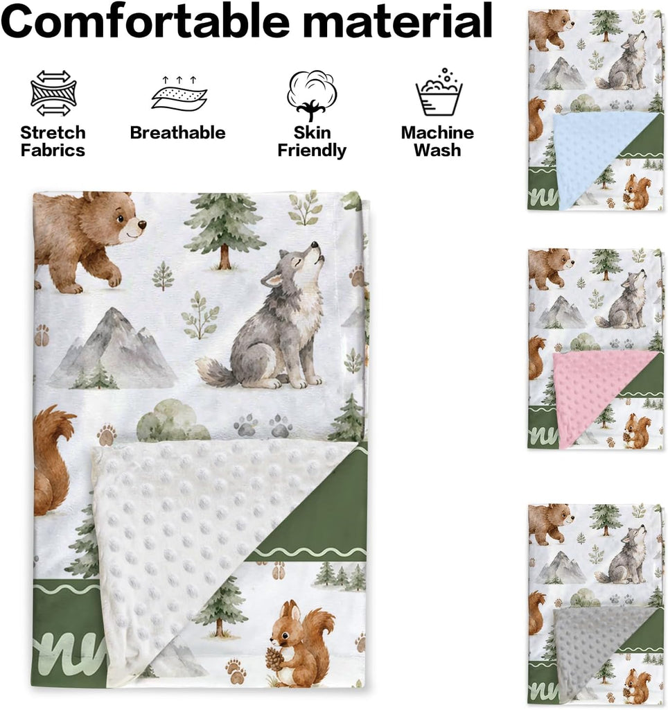 Boy Blanket with Name, Custom Minky Dot Baby Blankets with Woodland Theme, Soft Plush Crib Blanket Decor
