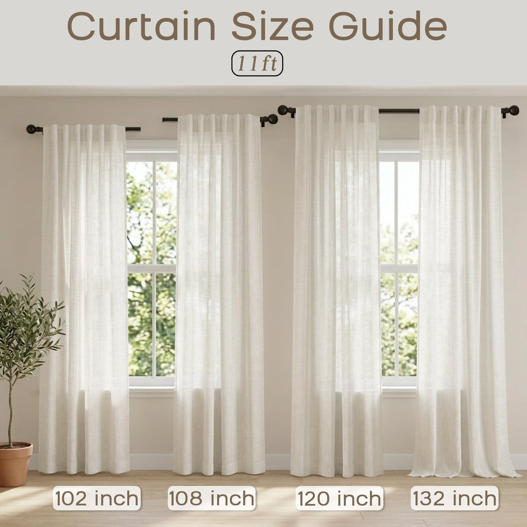 132 Inch Linen Curtains, 11FT High Ceiling Extra Long Rod Pocket Back Tab Natural Farmhouse Semi Sheer Drapes Bedroom