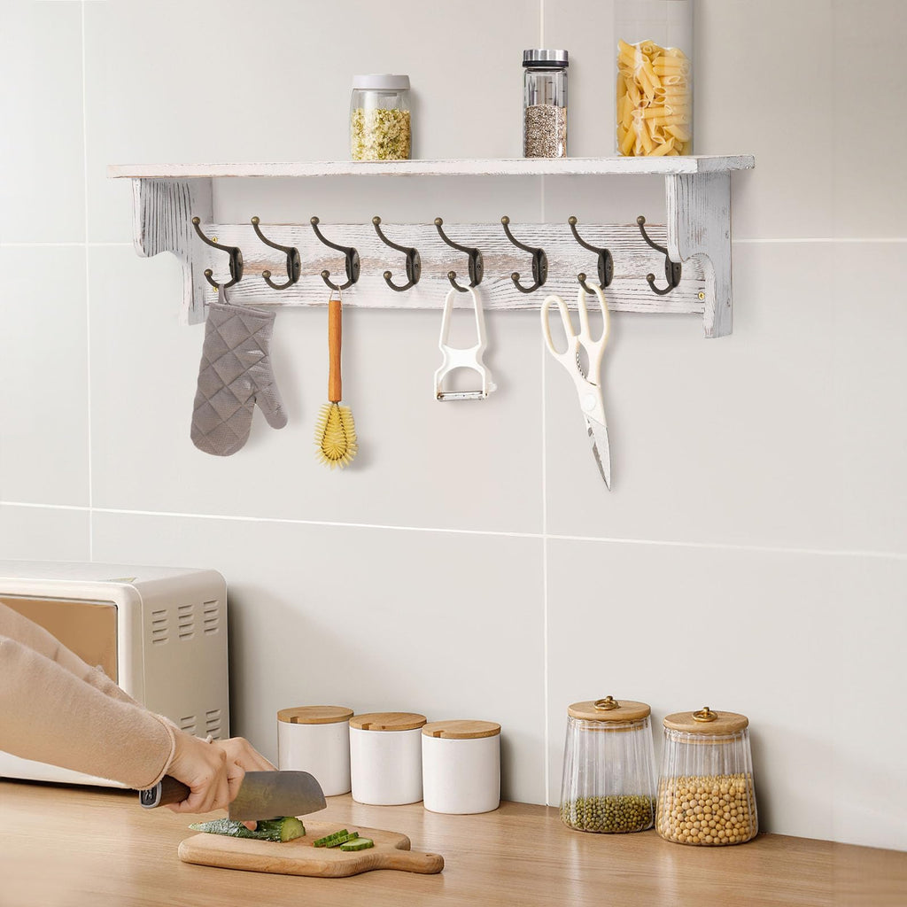 35.8'' Large Wood Coat Rack Wall Mount with Shelf, White Wall Coat Rack with 8 Sturdy Metal Hooks, New Zealand Solid