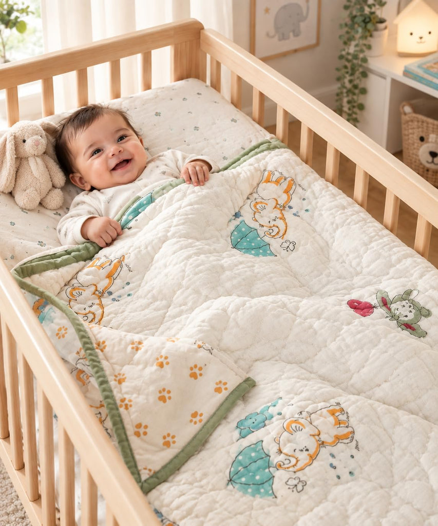 Baby Quilt Hand Block Print Cotton Reversible 40x60