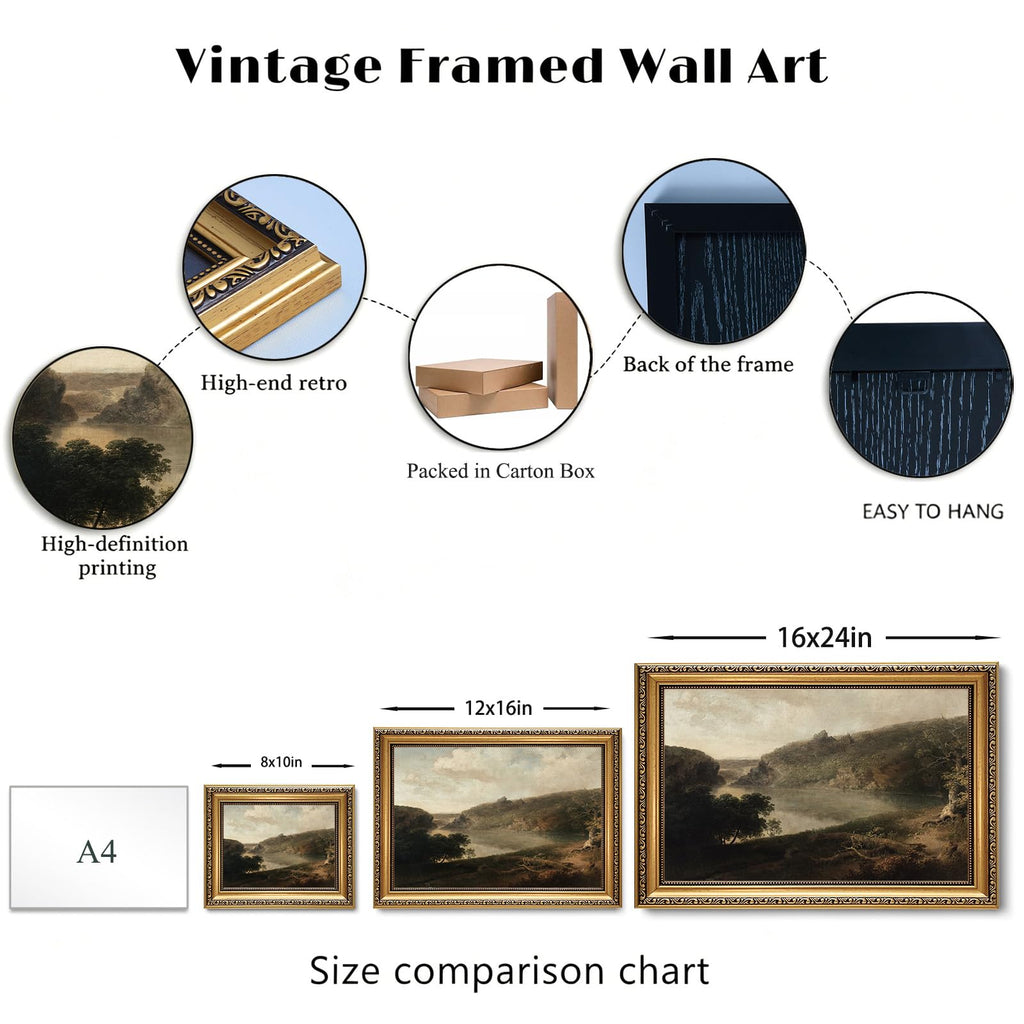 Vintage Lake Landscape Gold Framed Canvas Wall Art 12x16 inch