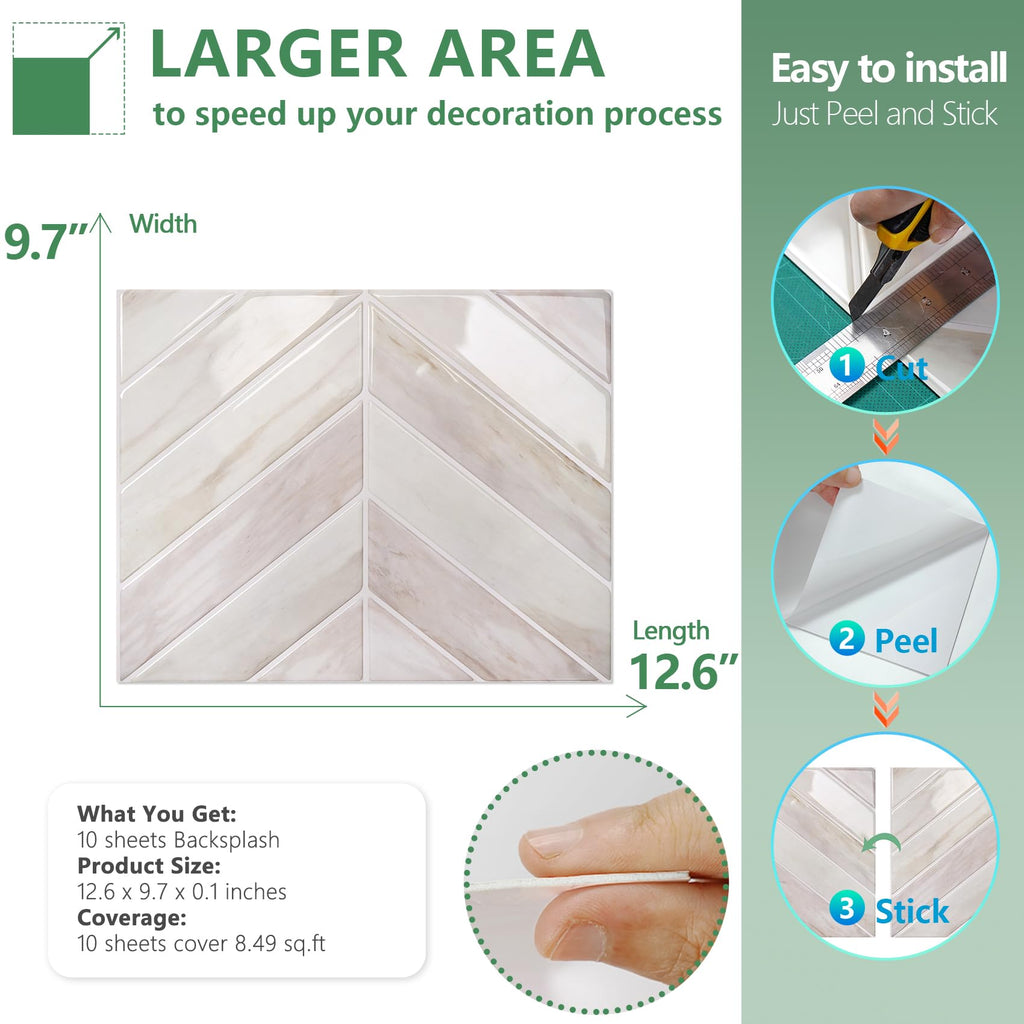 Herringbone Peel and Stick Backsplash, Blush Beige Wood, 10 Sheets