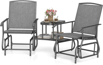 Patio 2 Person Swing Glider Chair, Outdoor Double Rocking Chair W/Center Table & Umbrella Hole, Reinforced Steel