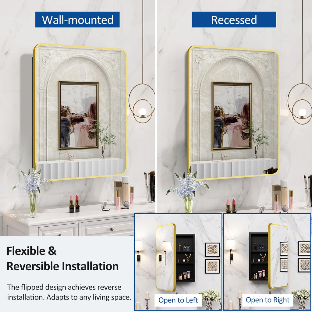 24x30 Inch Bathroom Medicine Cabinet with Mirror Gold Metal Framed Recessed or Surface Wall Mounted Mirrored Medicine