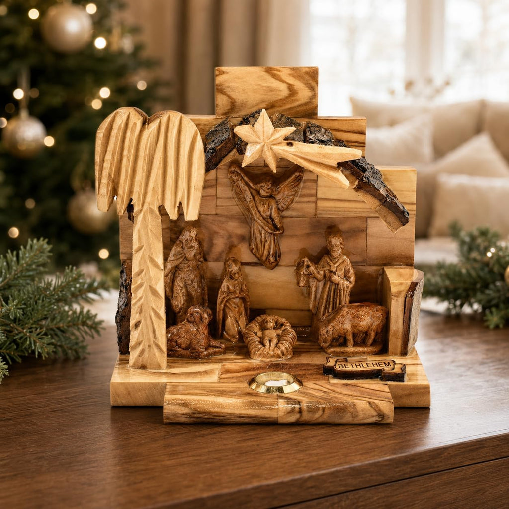Nativity Set with Bark Roof