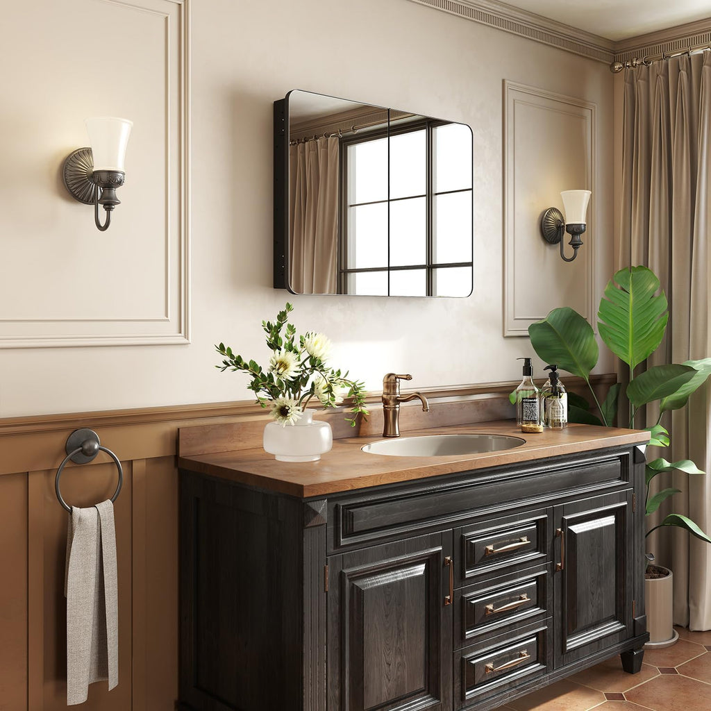 32x24 in Double Door Medicine Cabinet with Mirror, Matte Black | Fully Assembled; Recessed or Surface Wall Mount;
