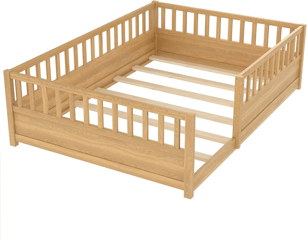 Full Size Montessori Floor Bed with High Rails, High Rails Floor Bed with Slats and Fence, Easy Assemble Montessori