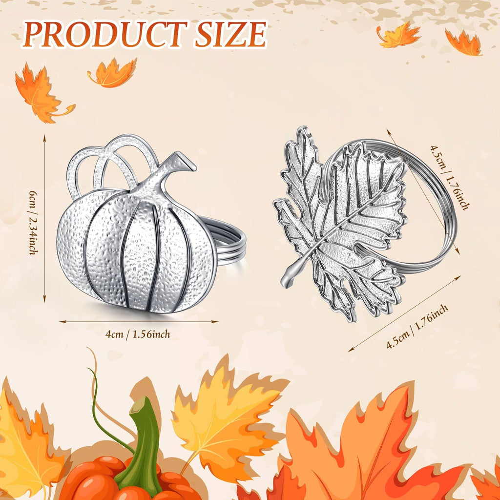 12 Pcs Silver Fall Napkin Ring Set Maple Leaf Pumpkin Napkin Holder