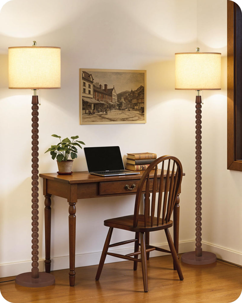 65" Spindle Wood Floor Lamp with Pull Chain, 3CCT, Beaded floor lamp, Walnut