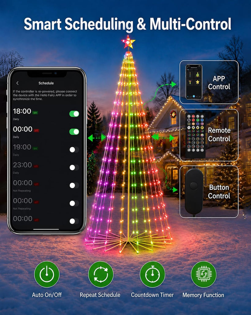 8FT Outdoor Christmas Tree with Lights, Smart RGBW LED Lighted Xmas Tree