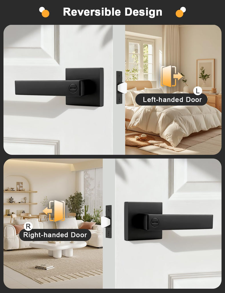 6 Pack Square Privacy Door Levers Locksets in Matte Black Finish, Bed/Bath Door Levers Keyless Interior