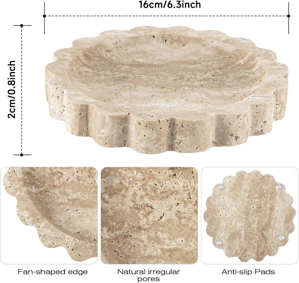 Marble Scalloped Edge Tray, 6.3"*6.3"Travertine Ring Dish Jewelry Tray