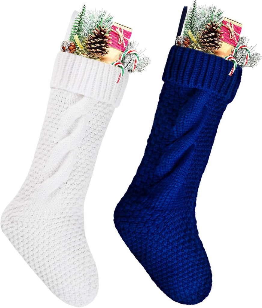 Christmas Stockings Bulk, 18 Inch White and Blue Cable Knitted Stockings for Xmas Holiday Decoration, 4 Pack