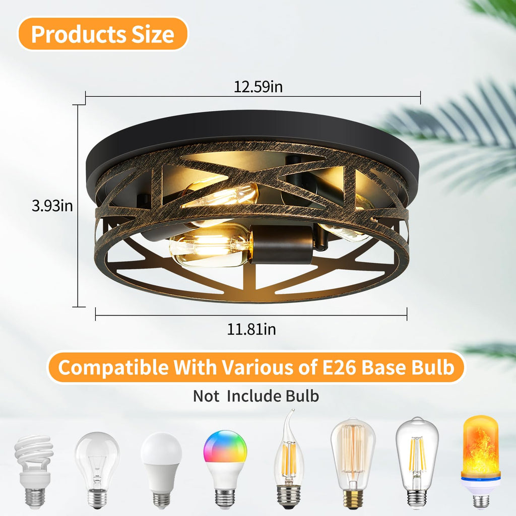 2 Pack Flush Mount Ceiling Light, 3-Light Vintage Farmhouse Ceiling Light, Kitchen Lighting Fixtures, Light Fixtures