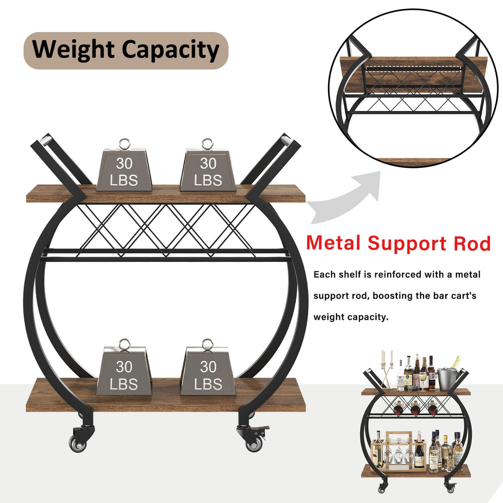 Industrial Bar Cart, Beverage Serving Cart with Wheels, Rustic Brown