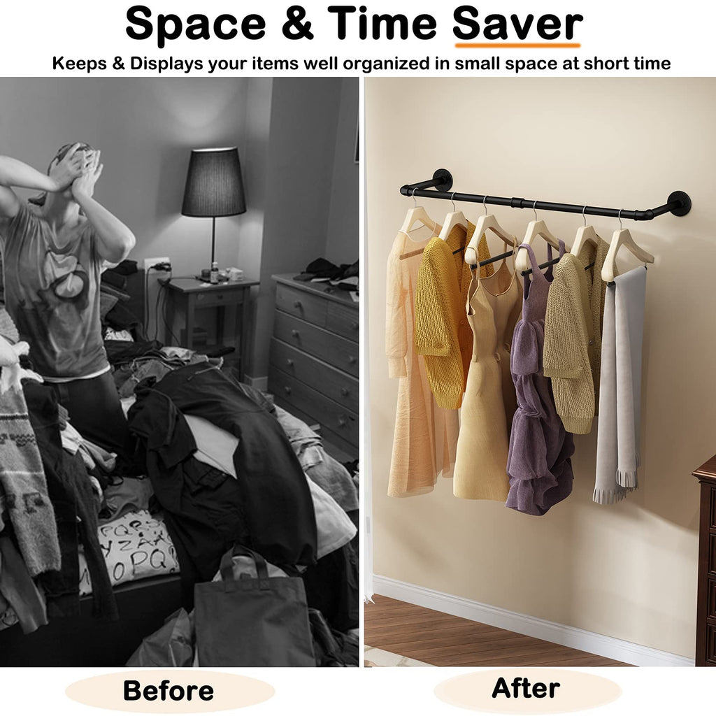Wall Mounted Clothes Rack 24in, Industrial Pipe Wall Mount Clothing Rack, Heavy Duty Iron Garment Racks, Space Saver