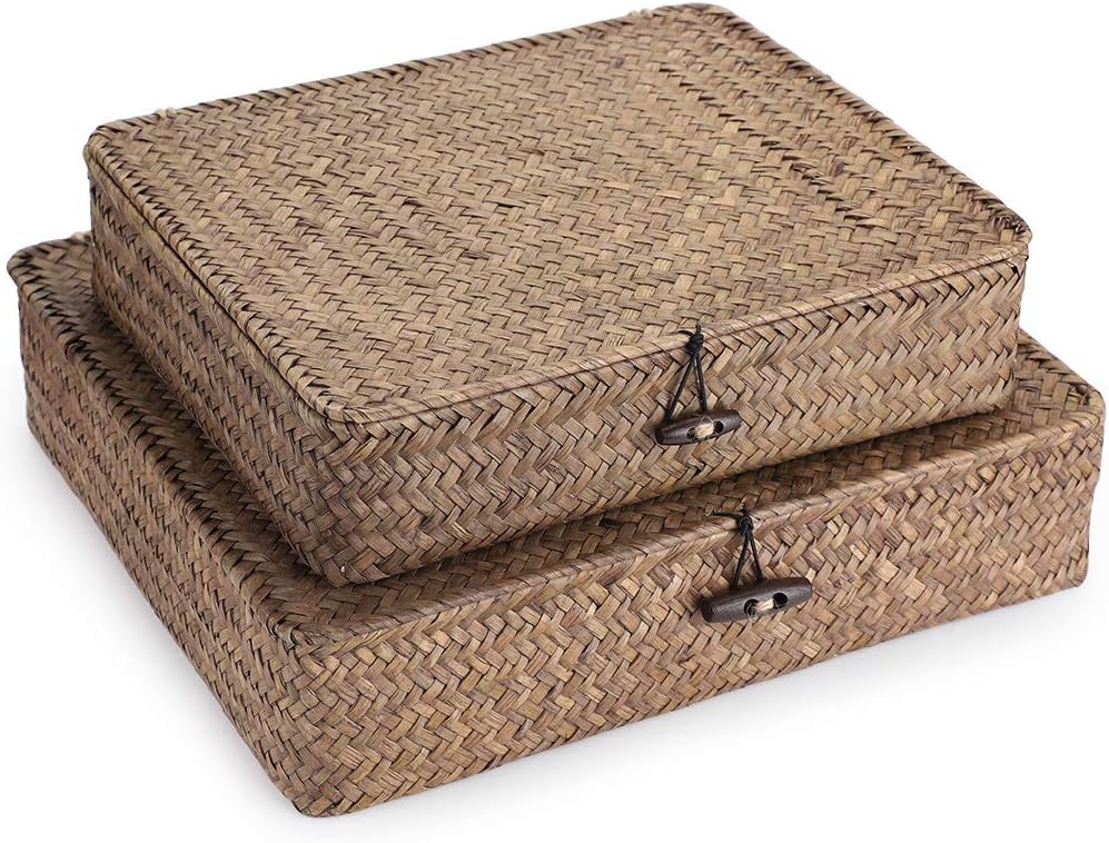 Set of 2 Flat Woven Wicker Storage Bins with Lid Seagrass Basket | Natural Decorative Baskets Multipurpose Home Boxes