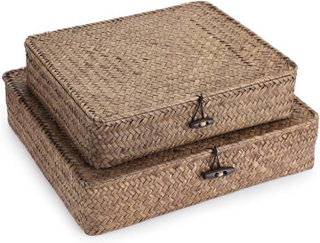 Set of 2 Flat Woven Wicker Storage Bins with Lid Seagrass Basket | Natural Decorative Baskets Multipurpose Home Boxes