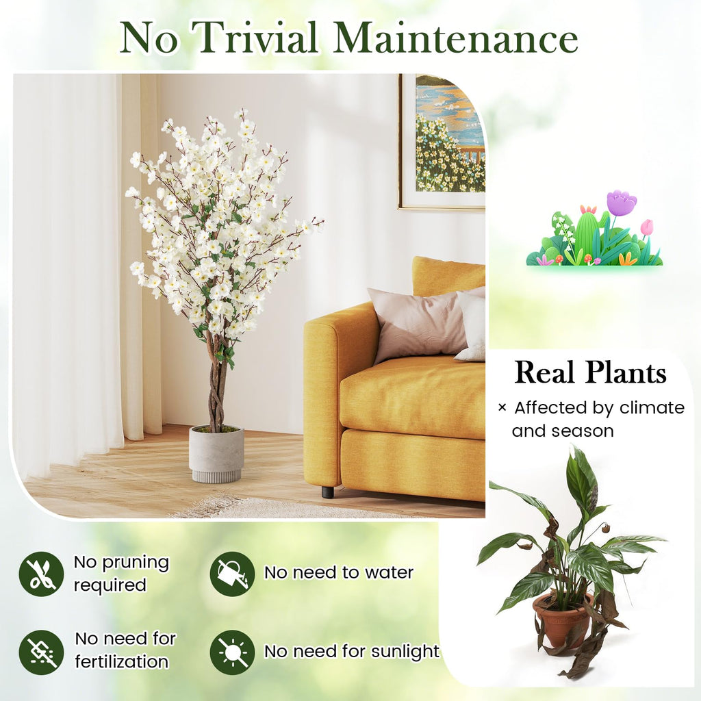 47" Artificial Wintersweet Tree, Faux Plum Blossom Plant with White Fabric Flower, Solid Wood Trunk, Fake Potted