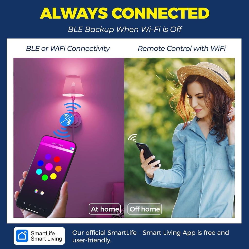 E12 Smart Light Bulbs 60W Equiv., Work with Alexa/Google Home/SmartLife, 500LM 6W RGBCW Candle Candelabra LED Bulbs