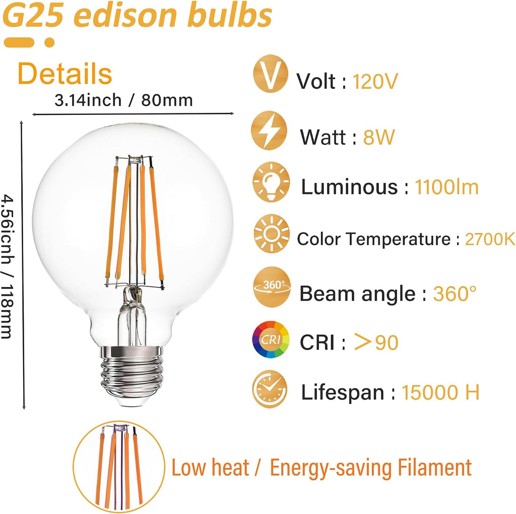 G25 globe Edison light bulbs 8W 1000LM(100W incandescent Equivalent) E26 dimmable Vintage Round LED Vanity Light Bulb
