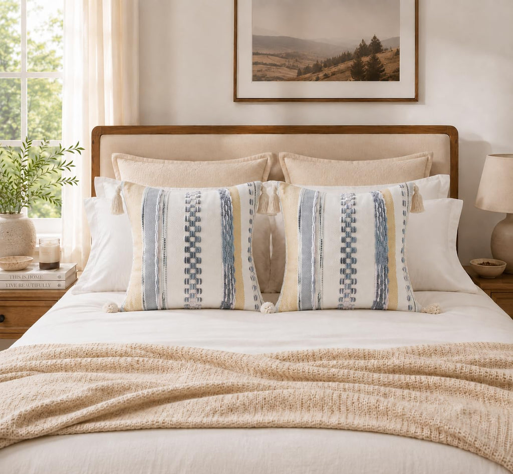 Boho Decorative Throw Pillow Covers 18x18 Set of 2, Striped Chenille Tufted Pillow Covers with Tassels for Couch Bed