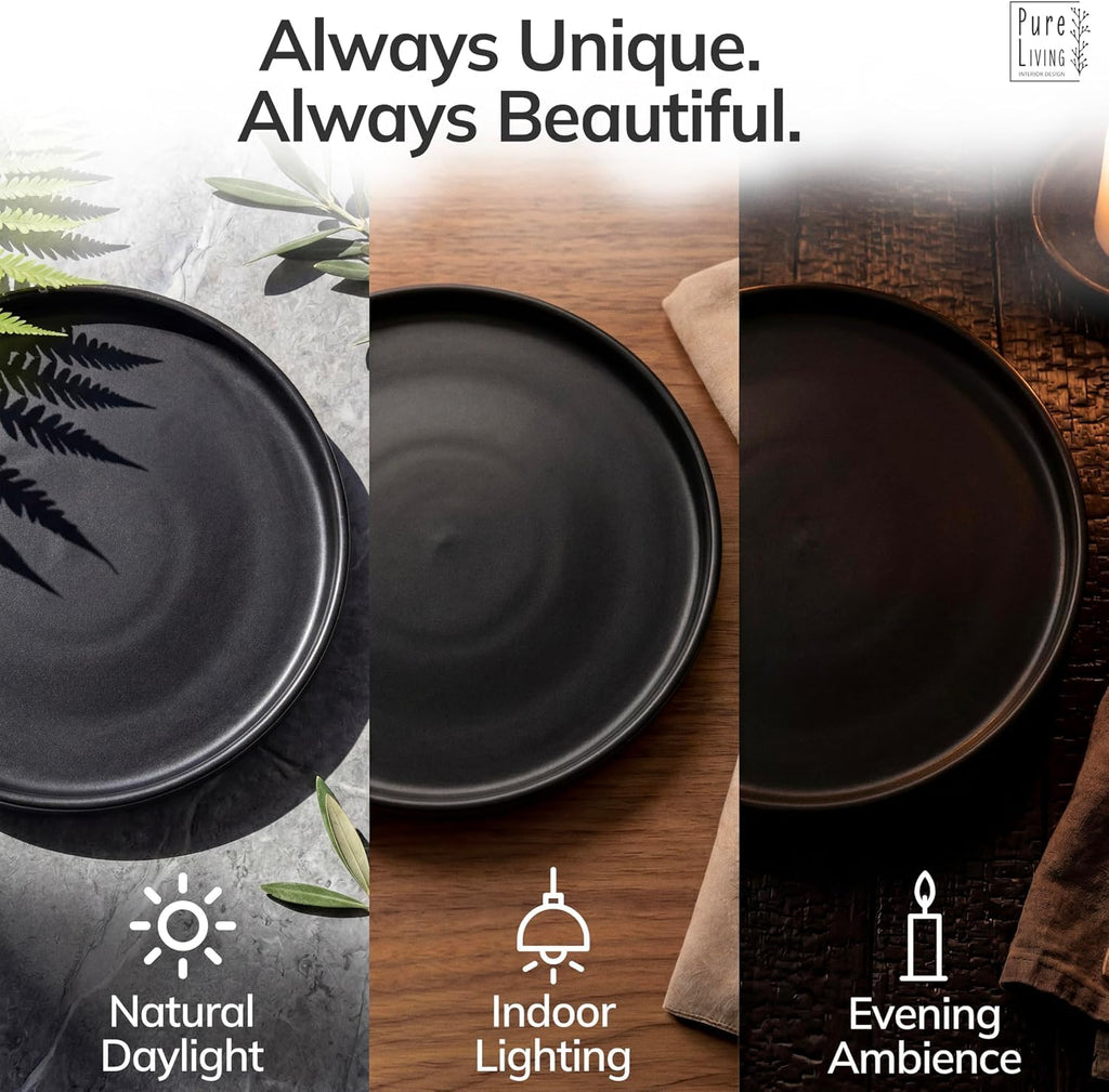 24 Piece Black Dinnerware Set for 8, Stoneware Black Plates and Bowls Set